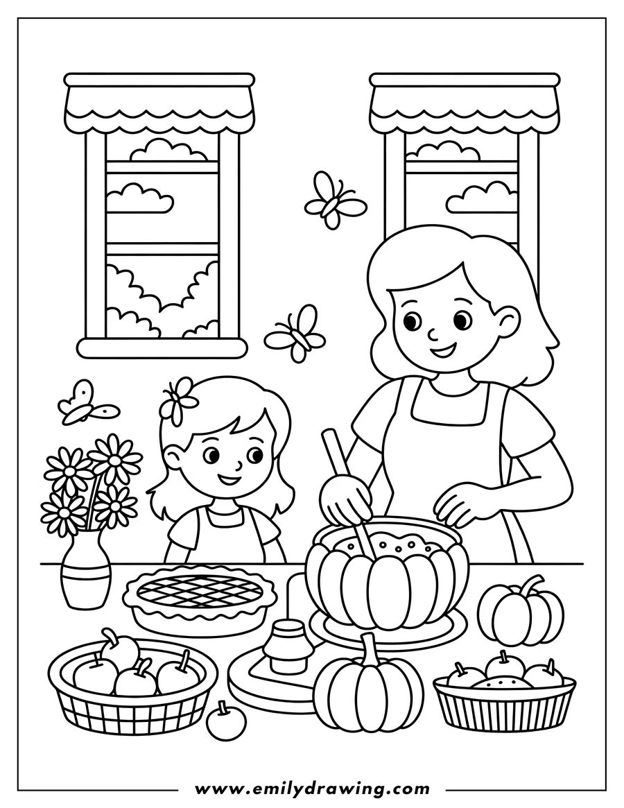 Outline of a mother and daughter cooking together in a kitchen. The mother stirs a large pumpkin pot surrounded by harvest apples and a pie.
