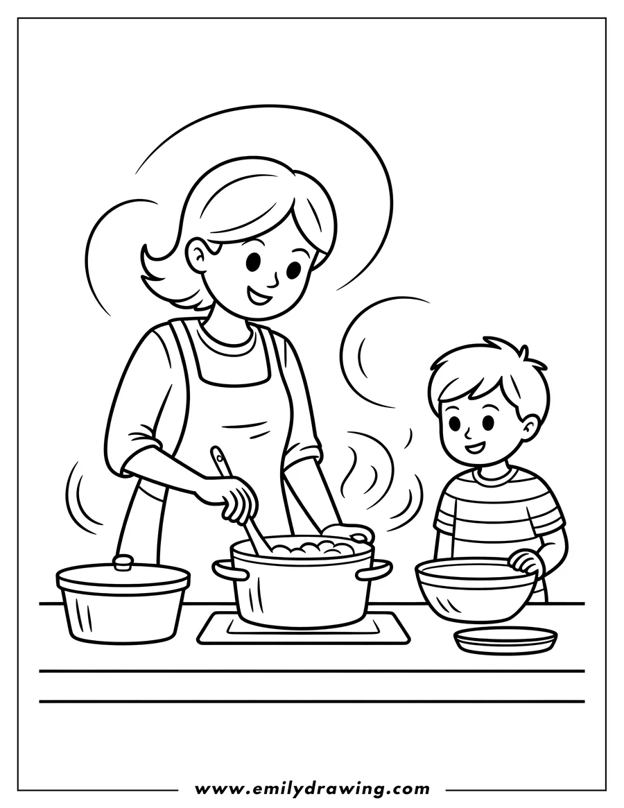 Outline of a mother wearing an apron stirring a large cooking pot on the stove while her son watches and holds a serving bowl, depicting family cooking time.