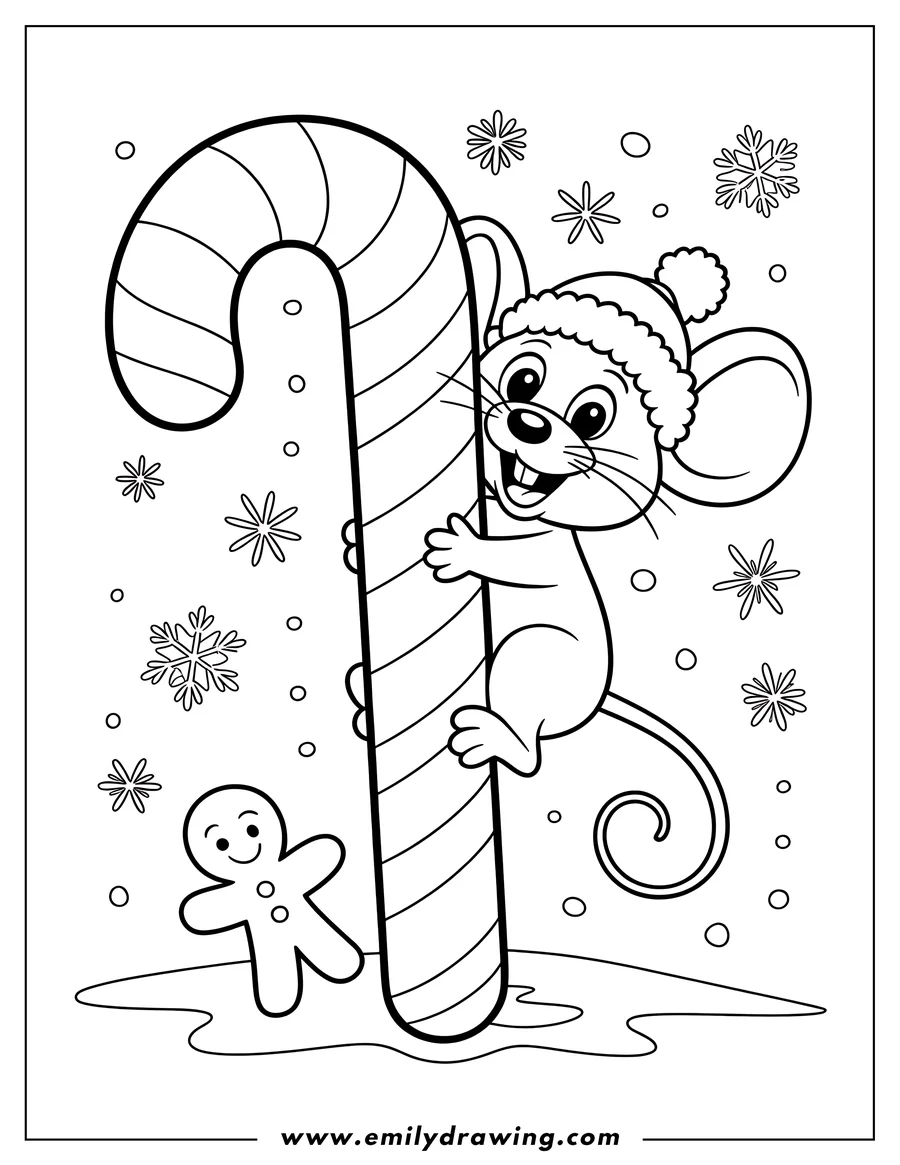 Line art of a mouse wearing a winter hat and climbing a large candy cane. A smiling gingerbread man is beside the candy cane. Snowflakes are falling in the background.