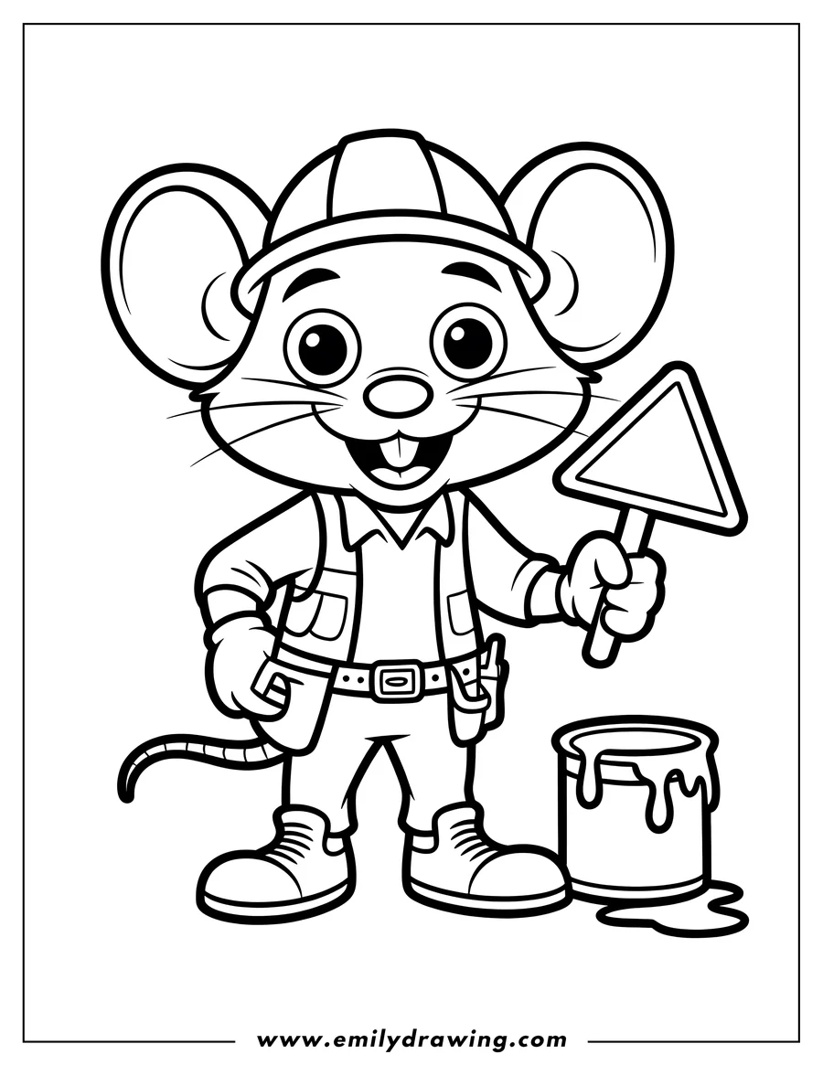 Line art of a cartoon mouse wearing a hard hat and tool belt, holding a triangular construction sign, standing next to a spilled paint can.