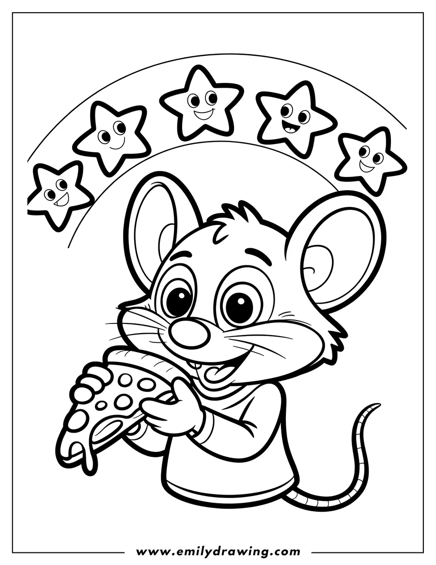 Line art of a happy cartoon mouse wearing a shirt, holding and eating a slice of pizza with dripping cheese, with a rainbow of smiling stars above its head.