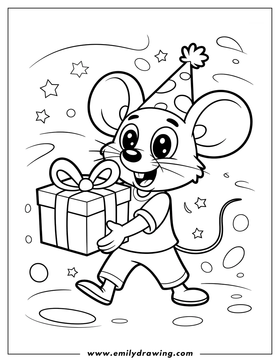 Line art of a cartoon mouse wearing a party hat and holding a wrapped gift box, with stars and confetti in the background.