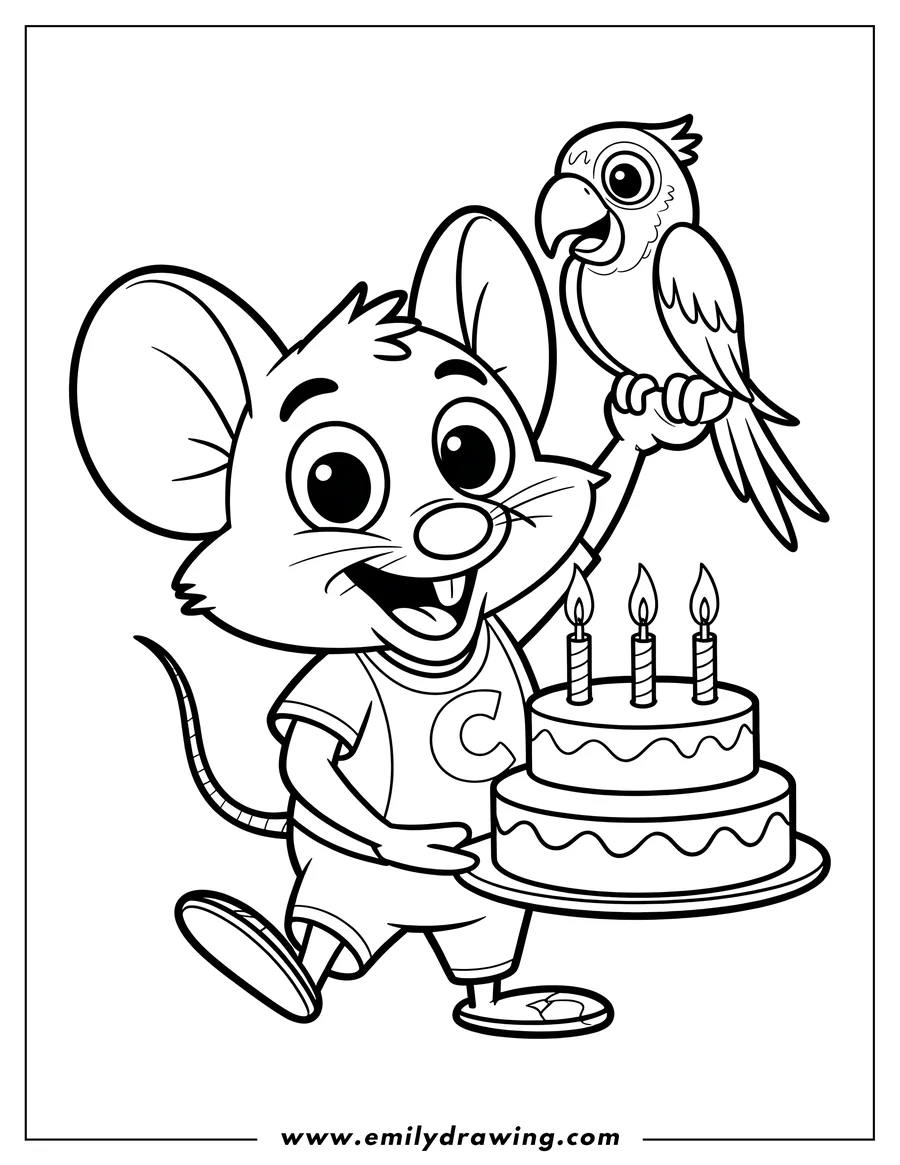 Line art of a cheerful mouse character in a shirt with a 'C', holding a two-tiered birthday cake with three lit candles, and a parrot perched on its raised arm.