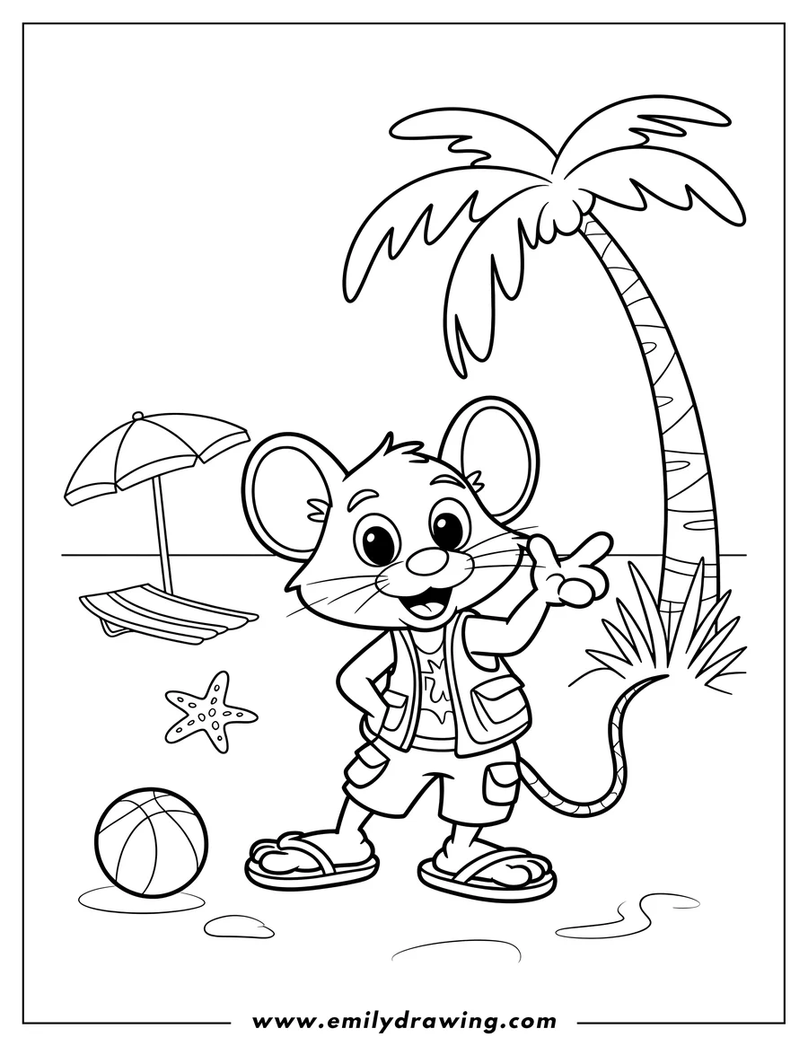 Outline of a smiling mouse wearing a vest, shorts, and sandals, standing on a beach next to a palm tree. A beach umbrella, a starfish, and a basketball are also visible.