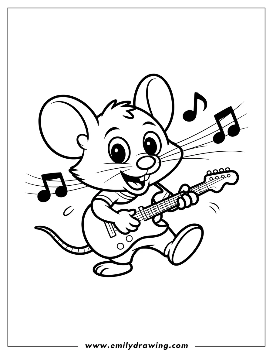 Line art of a happy cartoon mouse wearing a t-shirt and enthusiastically playing an electric guitar, with musical notes floating around it.