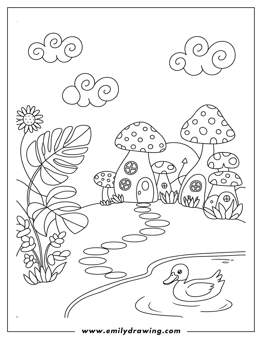 Line art of a scene with multiple mushroom houses on a hill, a path of stepping stones, large leaves, a flower, and a duck swimming in a pond, with clouds in the sky.