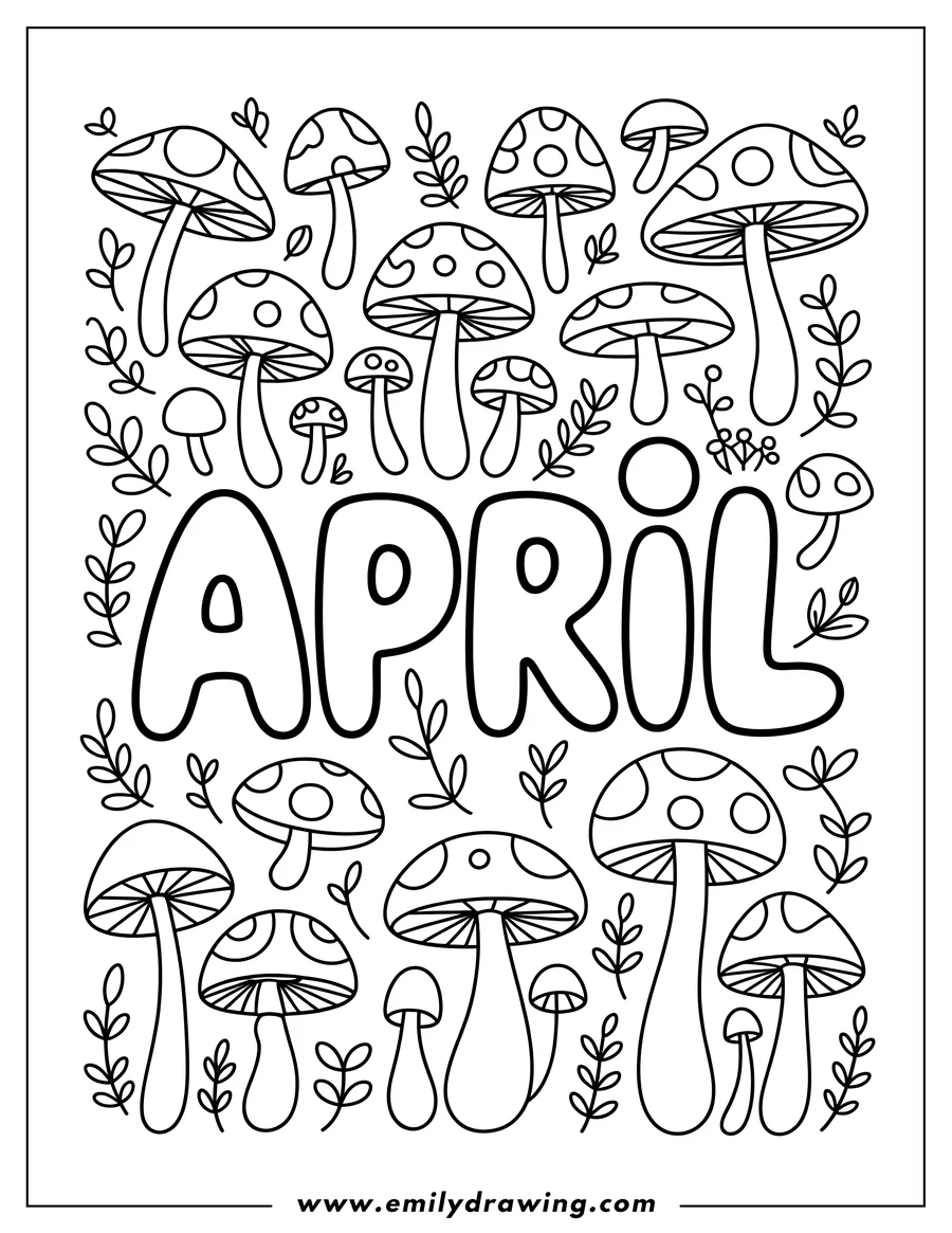 Outline of various mushrooms and the word 'April' surrounded by small leaves.