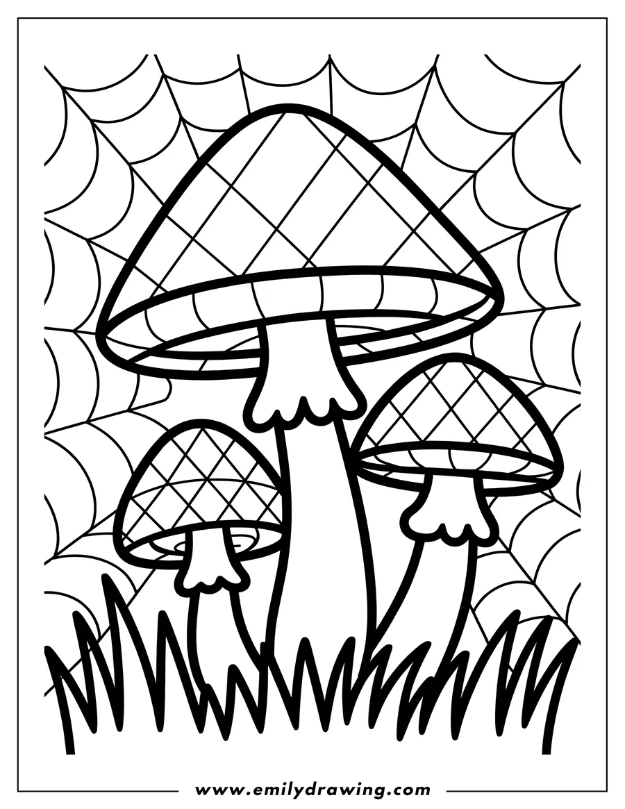 Outline of three mushrooms with patterned caps in front of a spiderweb.