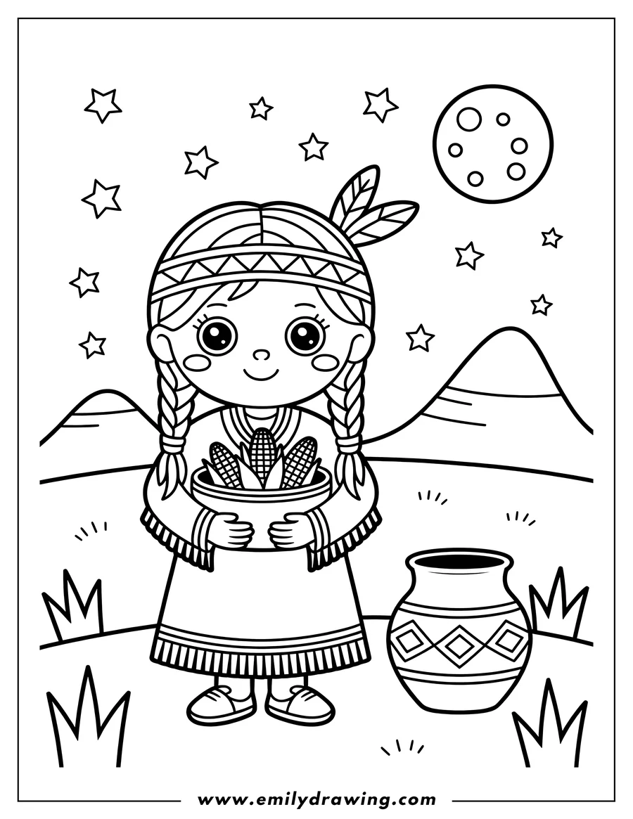 Outline of a Native American girl holding a bowl of corn, with a decorated pot beside her, under a starry night sky.