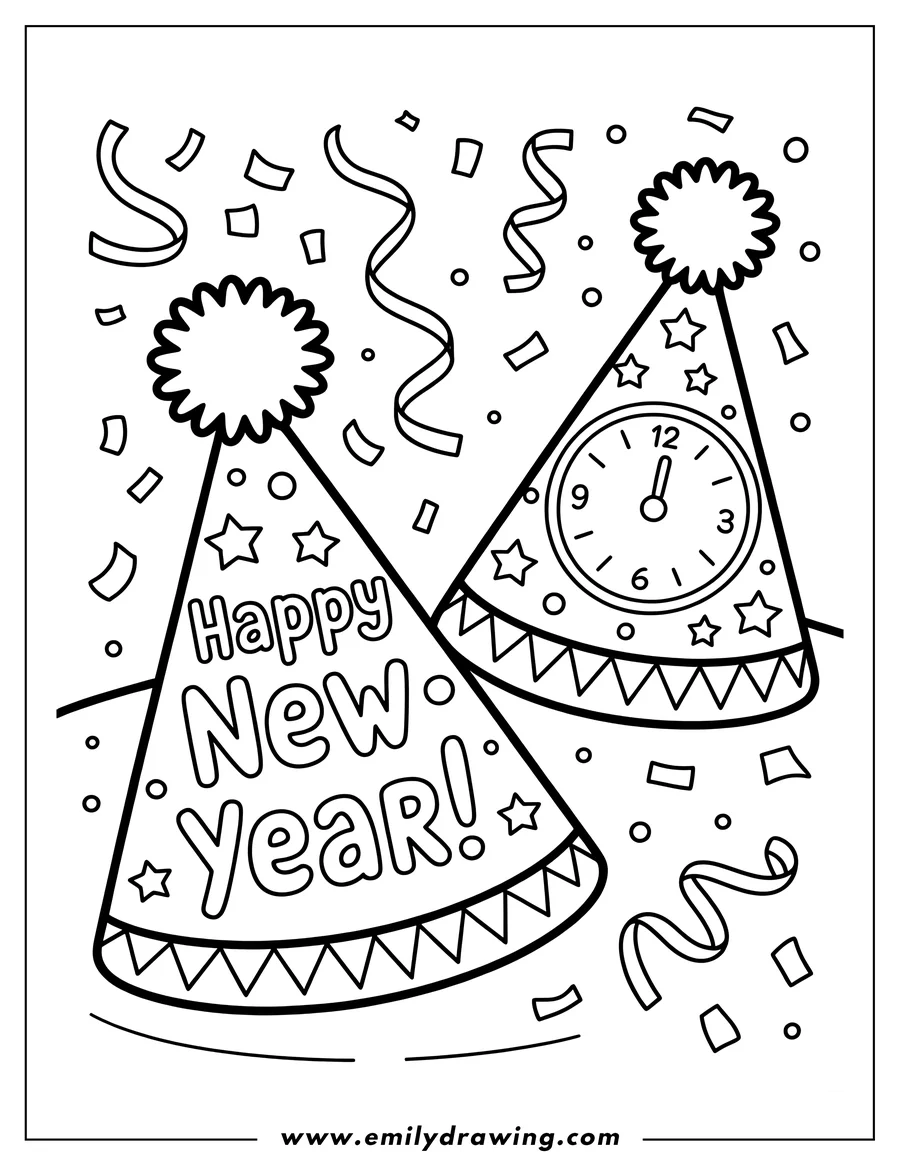 Outline of two New Year's Eve party hats, one displaying 'Happy New Year!' and the other featuring a clock set to midnight, surrounded by falling confetti and curling streamers.