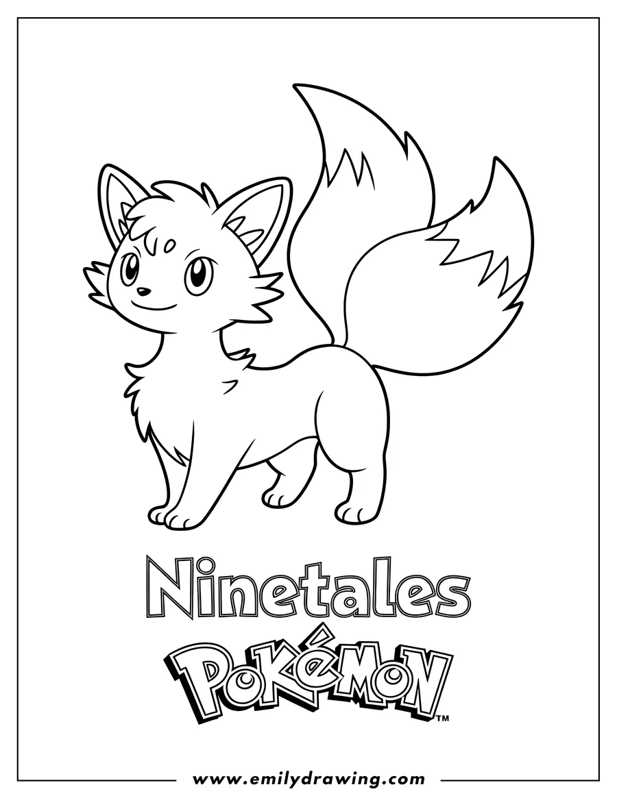 Line art of the Pokémon Ninetales standing and smiling, featuring its large bushy tail and pointed ears.