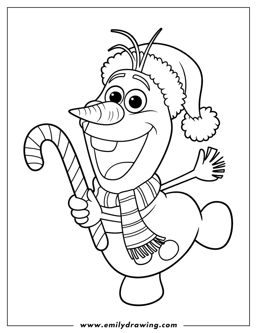 Line art of Olaf from Frozen holding a candy cane and wearing a Santa hat and striped scarf.