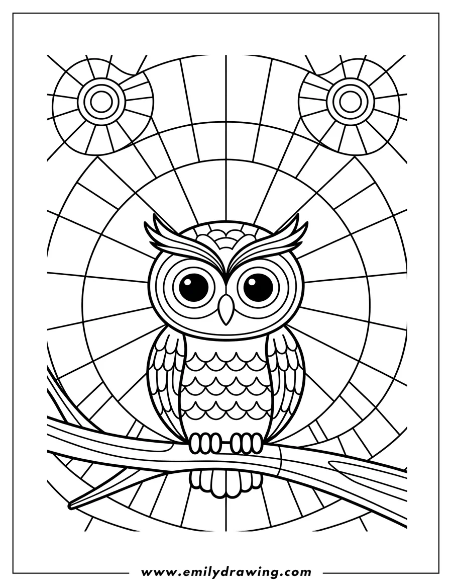 Line art of an owl perched on a branch, with a stained glass window effect in the background.