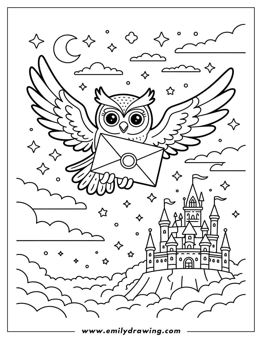 Line art of a wise owl flying and carrying a sealed letter, with a magical castle on a hill below, surrounded by clouds, stars, and a crescent moon.