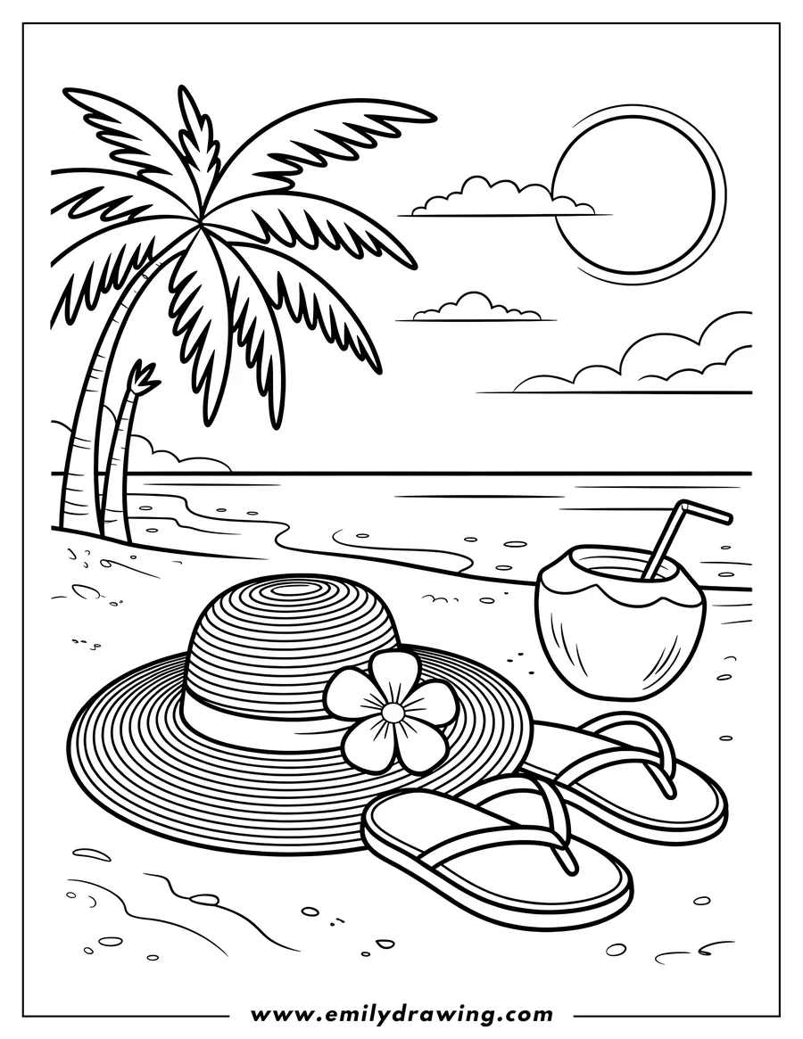 Line art of a beach scene with a palm tree, sun, clouds, a straw hat with a flower, flip-flops, and a coconut drink on the sand near the ocean.
