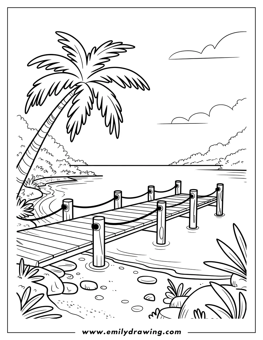 Line art of a beach scene with a large palm tree leaning over a sandy shore, next to a wooden dock extending into the calm ocean water with distant land and clouds on the horizon.