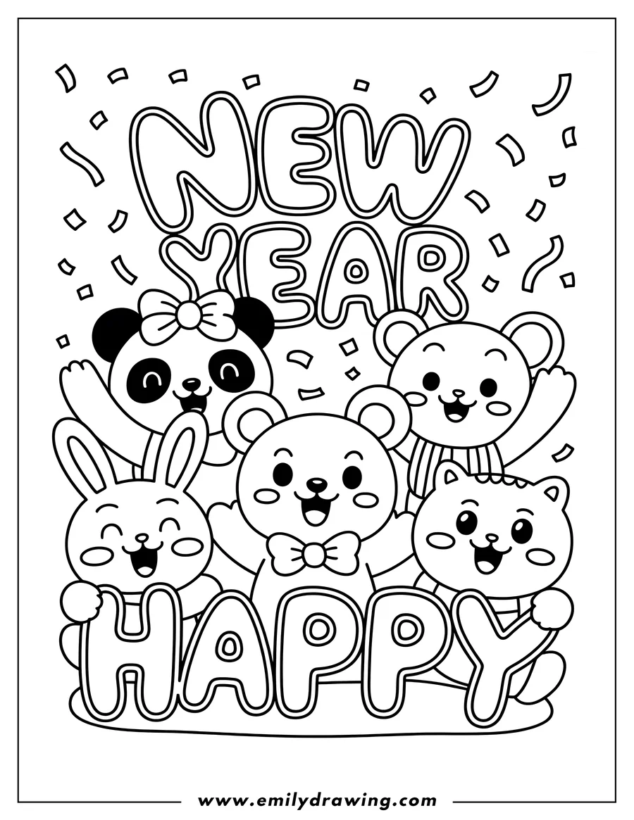 Outline of a panda, bunny, two bears, and a cat waving, surrounded by confetti, with 'NEW YEAR' text above and 'HAPPY' text below, for a New Year's celebration.