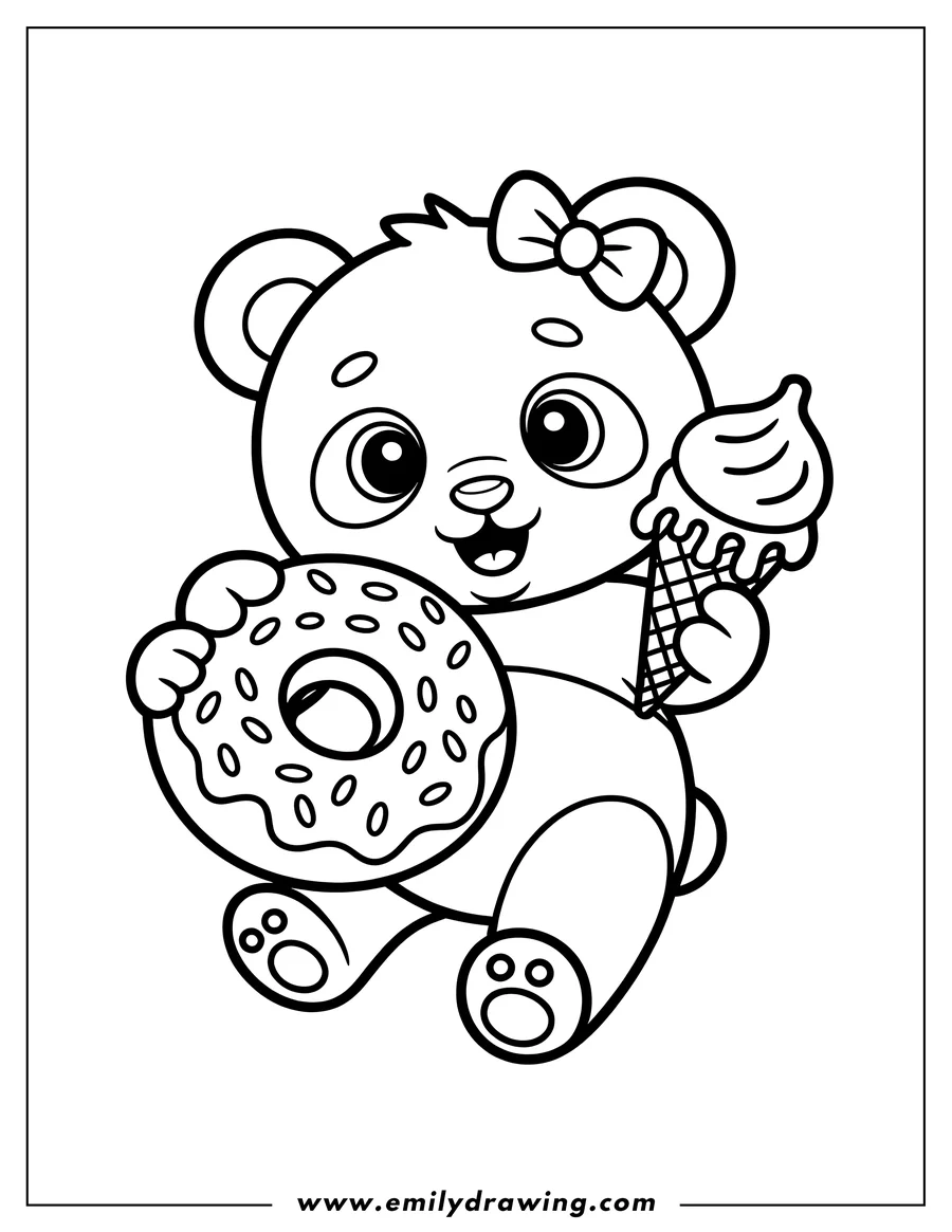 Outline of a panda holding a donut and an ice cream cone.