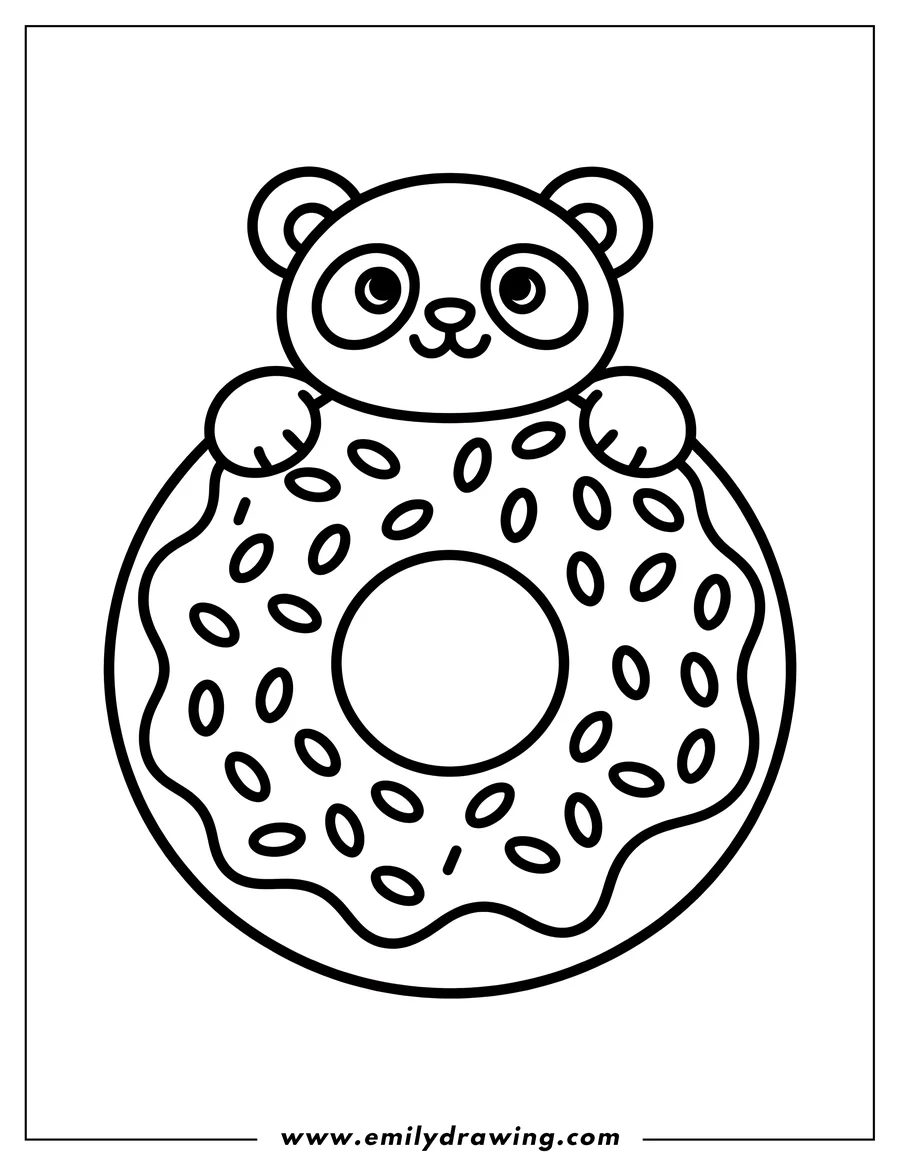 Line art of a panda hugging a sprinkled donut.
