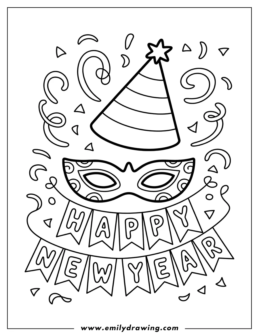 Outline of a festive party hat with a star on top, a decorative masquerade mask, and a banner spelling 'Happy New Year', surrounded by confetti and streamers.