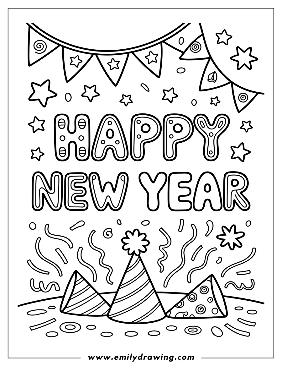 Line art of three party hats on the ground with confetti and streamers, under a 'HAPPY NEW YEAR' message and decorative bunting banners with stars.