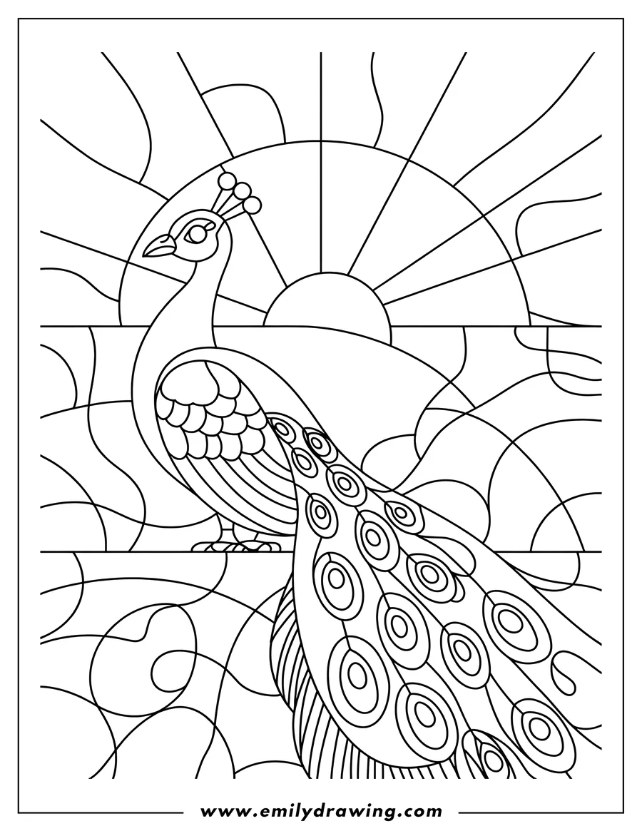 Line art of a peacock with a large, decorative tail in front of a sunrise, all in a stained glass style.