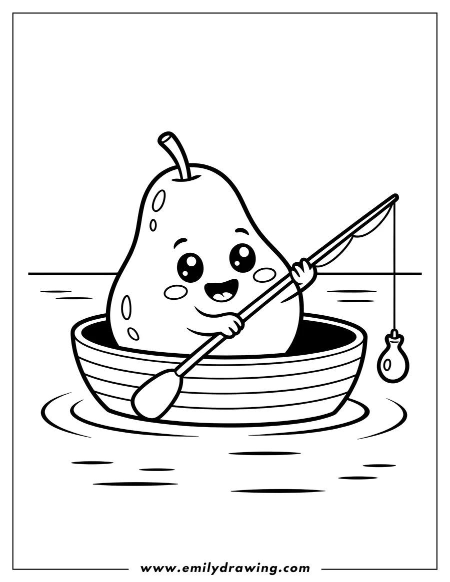 Line art of a kawaii pear character happily fishing from a small rowboat on the water.