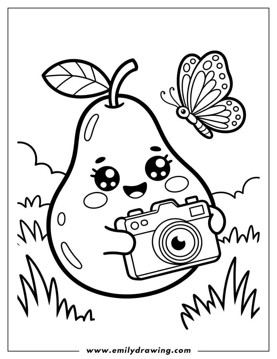 Outline of a cartoon pear with a happy, kawaii face holding a large camera, standing in the grass while a patterned butterfly flies above.