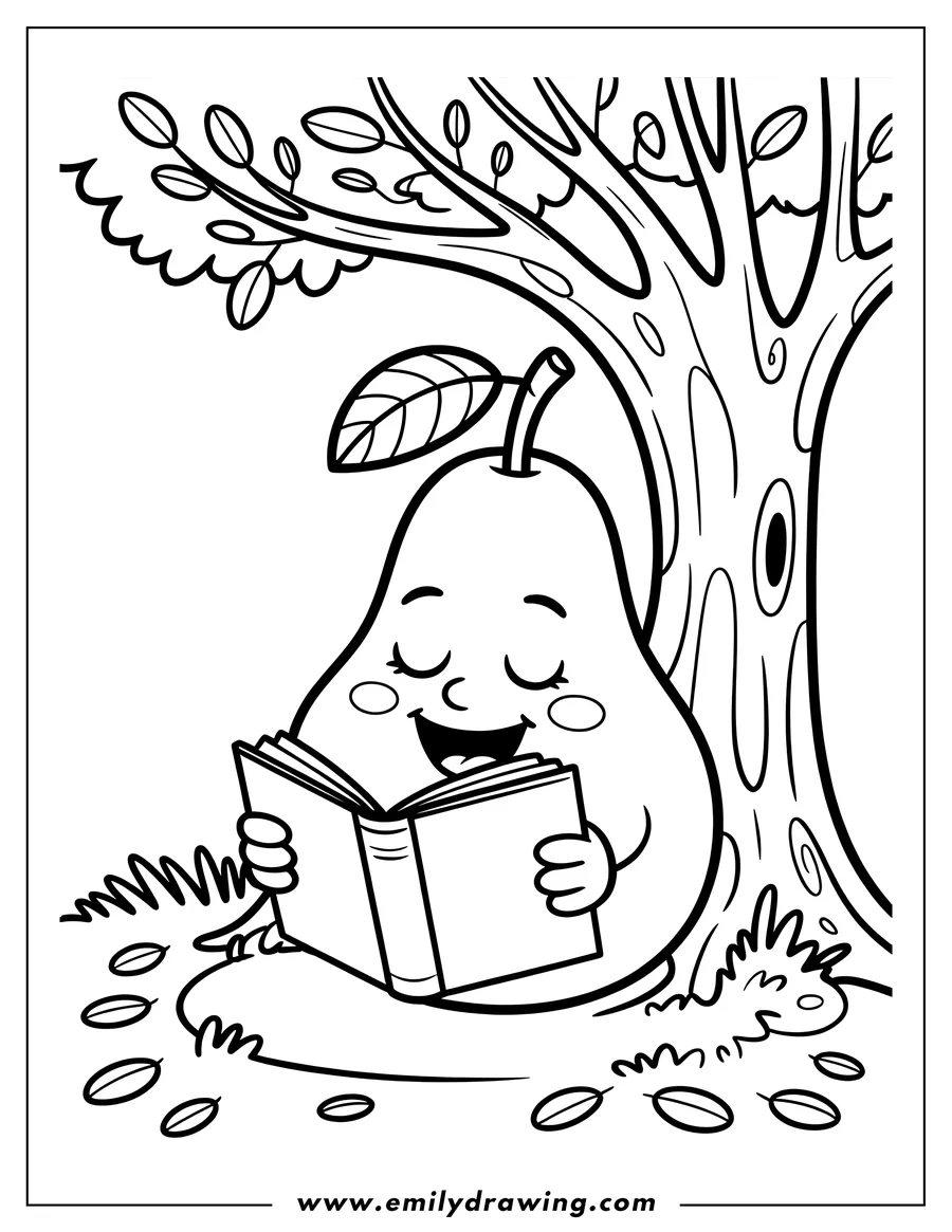 Outline of an anthropomorphic pear with a smiling face, sitting on the ground reading an open book under the trunk and branches of a large tree.