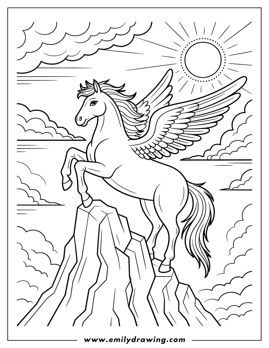 Outline of a powerful Pegasus, the winged horse, standing and rearing on a rocky mountain peak, surrounded by clouds and a bright sun.