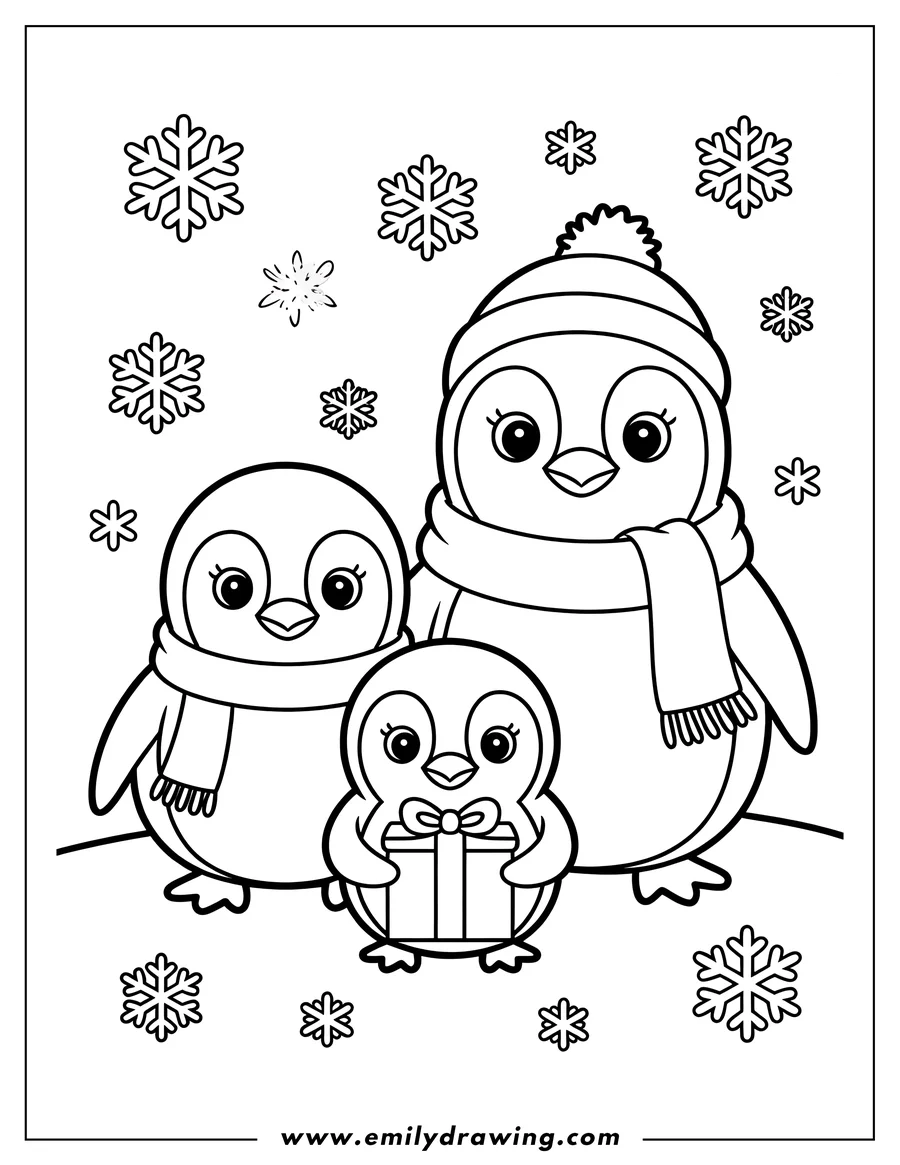 Outline of a penguin family, with a large penguin wearing a hat and scarf, a medium-sized penguin wearing a scarf, and a small baby penguin holding a gift, all standing in the snow with snowflakes falling around them.