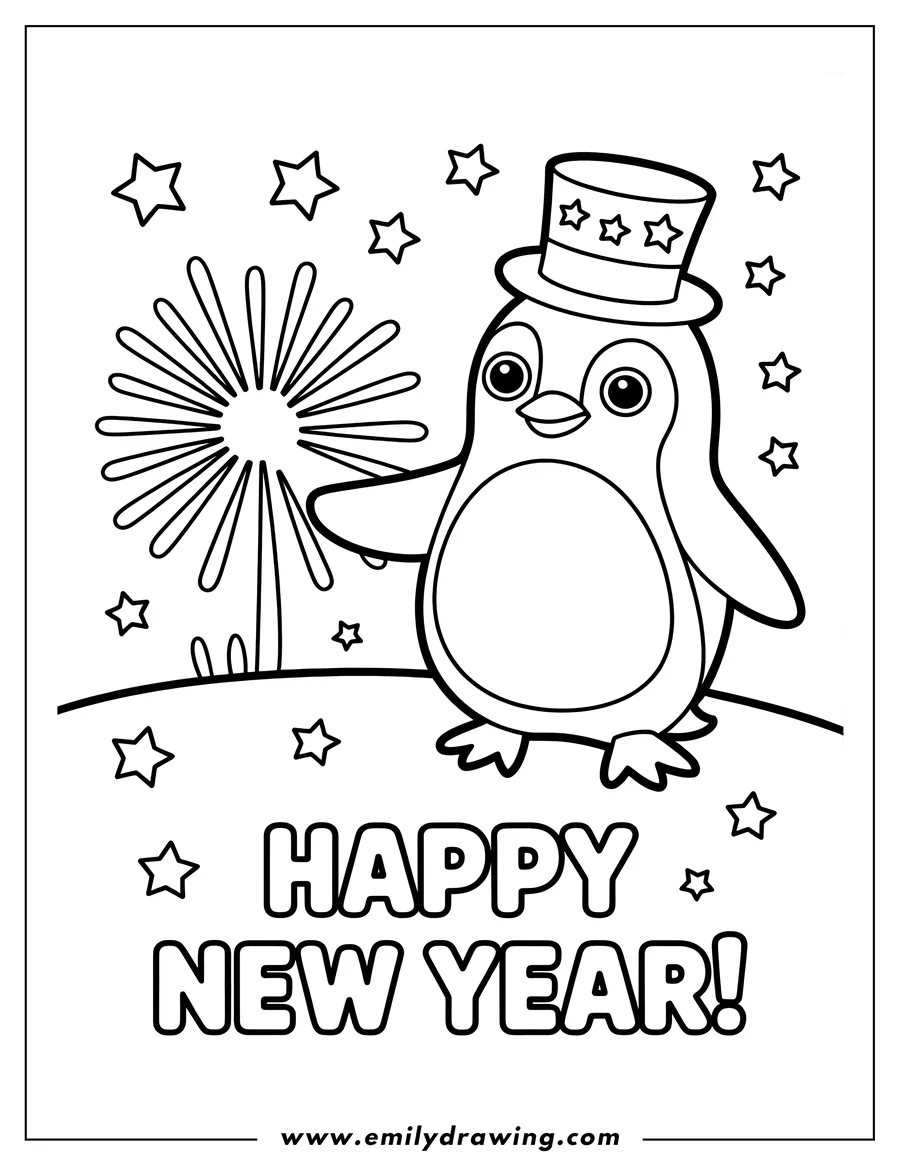 Outline of a cheerful penguin wearing a star-decorated top hat, standing next to a large firework, with many small stars scattered around and the words 'HAPPY NEW YEAR!' at the bottom.