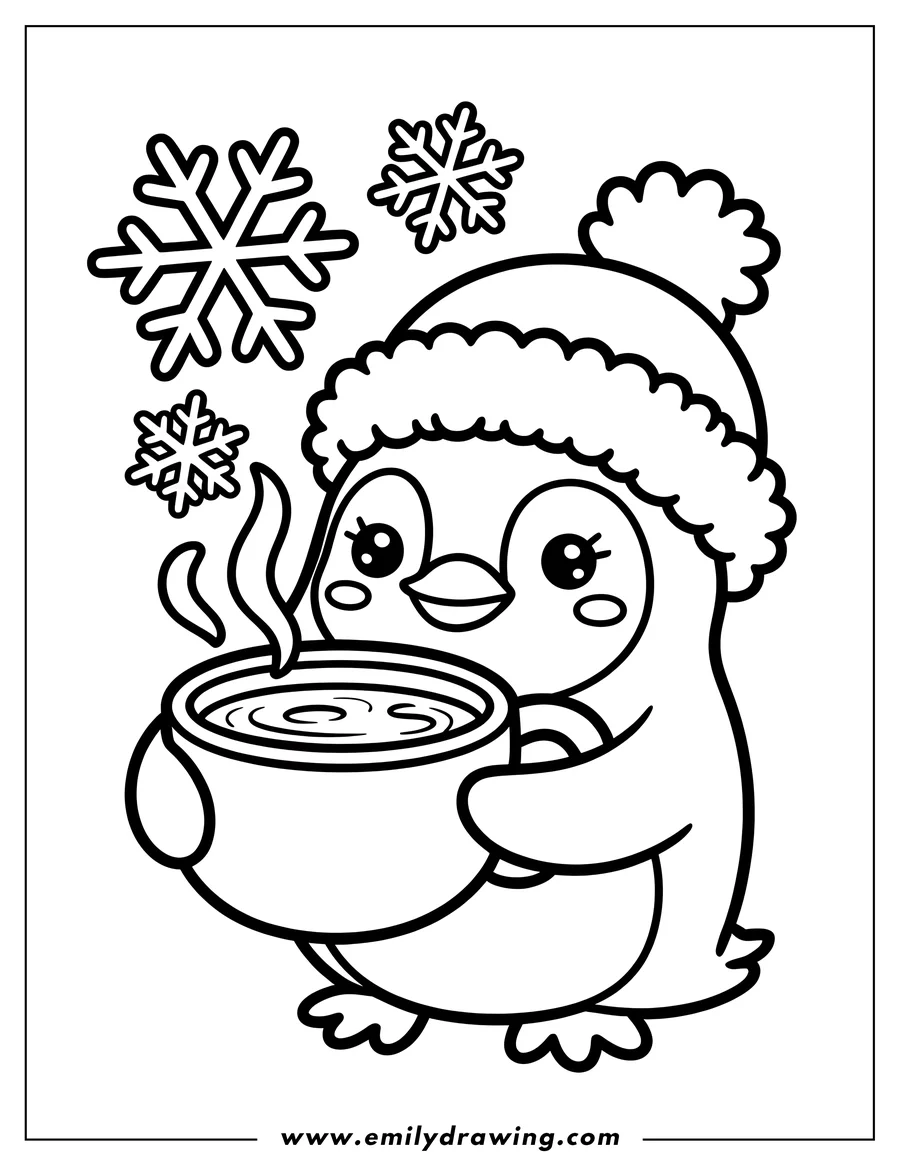 Line art of a cartoon penguin wearing a winter hat and holding a steaming cup, with snowflakes in the background.