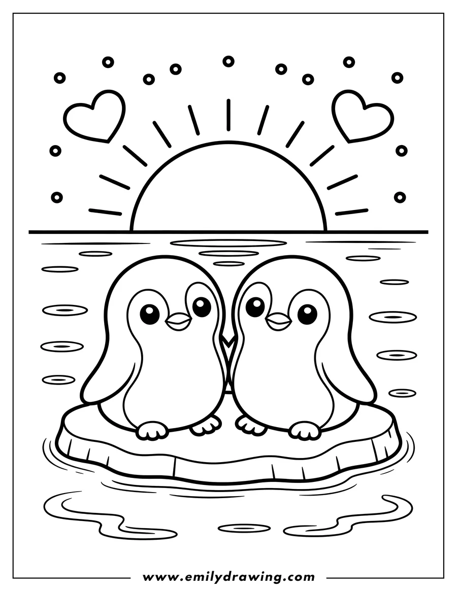 Outline of two cute cartoon penguins sitting together on a small ice floe, featuring a sunset and two floating hearts in the sky.