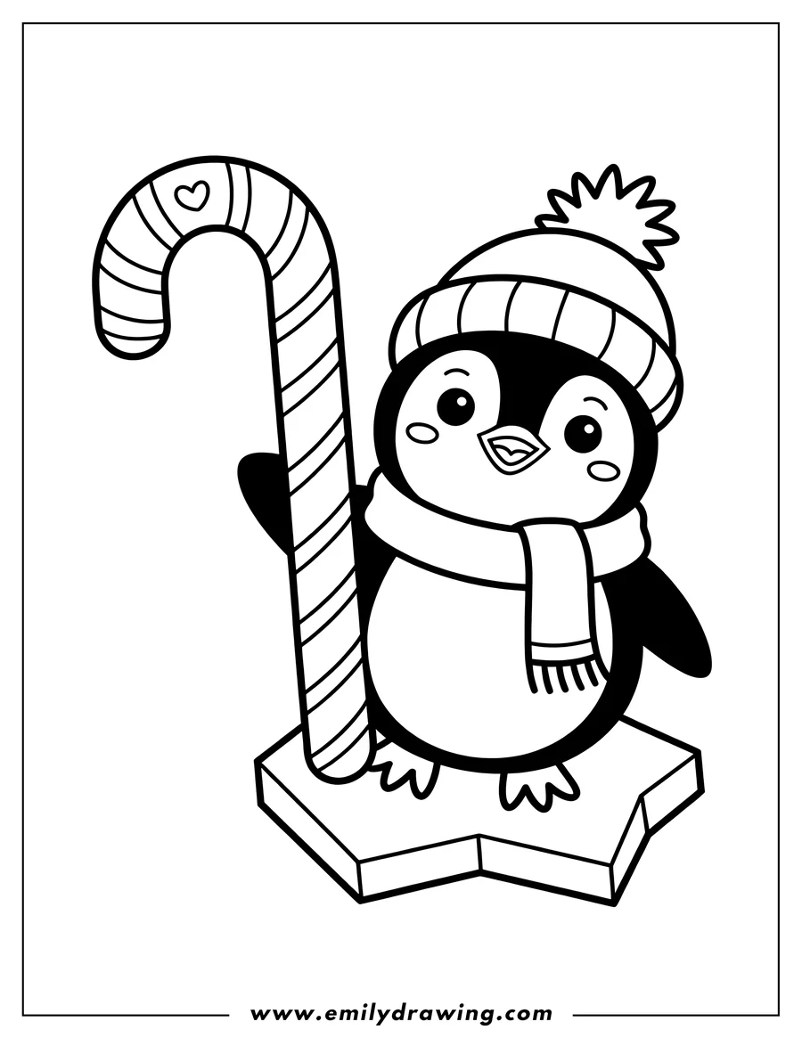 Line art of a penguin wearing a winter hat and scarf, holding a large candy cane and standing on a patch of ice.