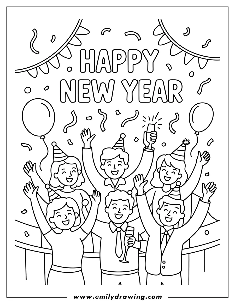 Outline of a group of six smiling people celebrating New Year, wearing party hats and waving their arms, with balloons, confetti, and 'HAPPY NEW YEAR' text above.
