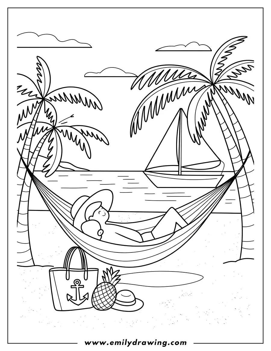 Line art of a person wearing a hat, relaxing in a hammock strung between two palm trees on a beach. A sailboat is visible on the ocean, and a beach bag, pineapple, and sun hat are on the sand.