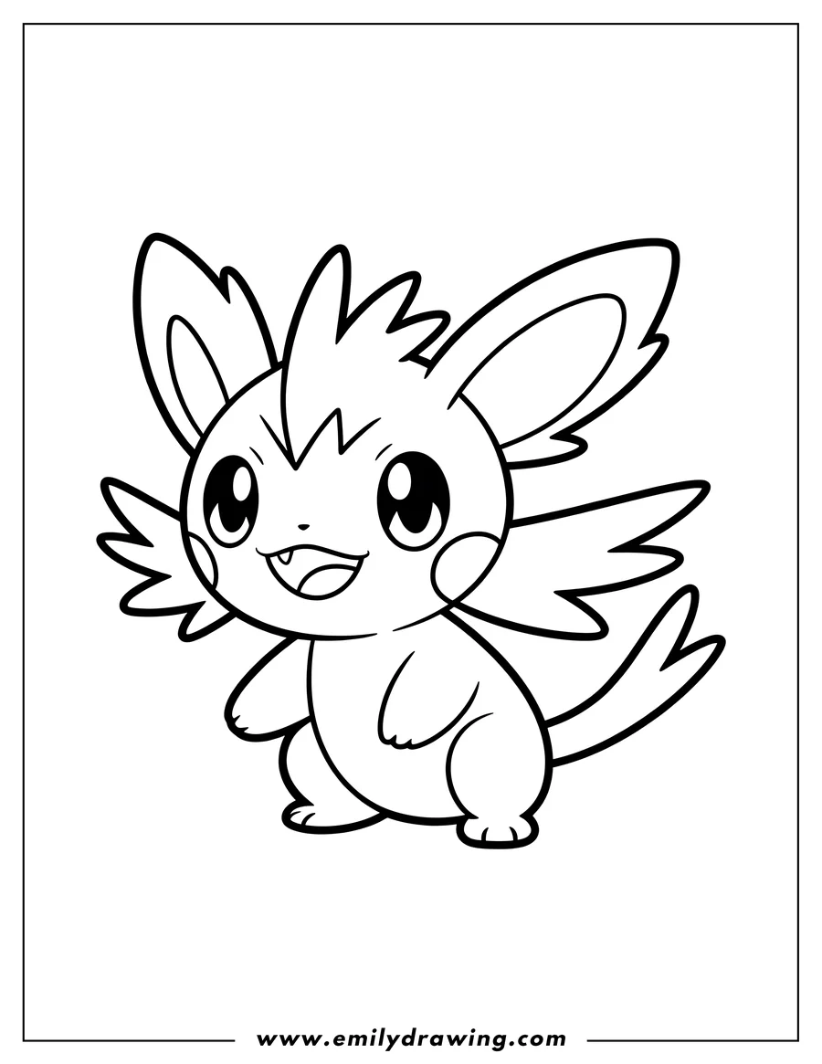 Line art of Pichu, a small, cute Pokémon, standing with a big smile, pointy ears, and spiky fur.