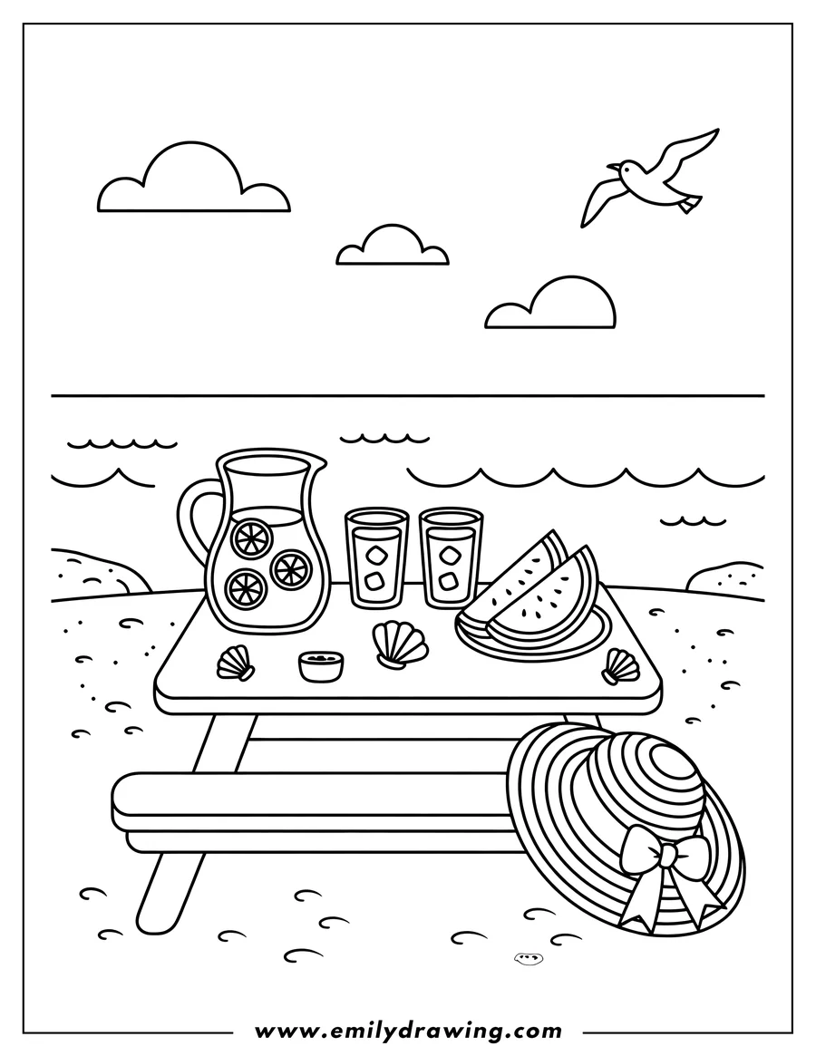 Line art of a picnic table on a beach with lemonade, glasses, watermelon slices, and seashells. A sun hat hangs on the side of the table, with ocean waves, clouds, and a flying seagull in the background.