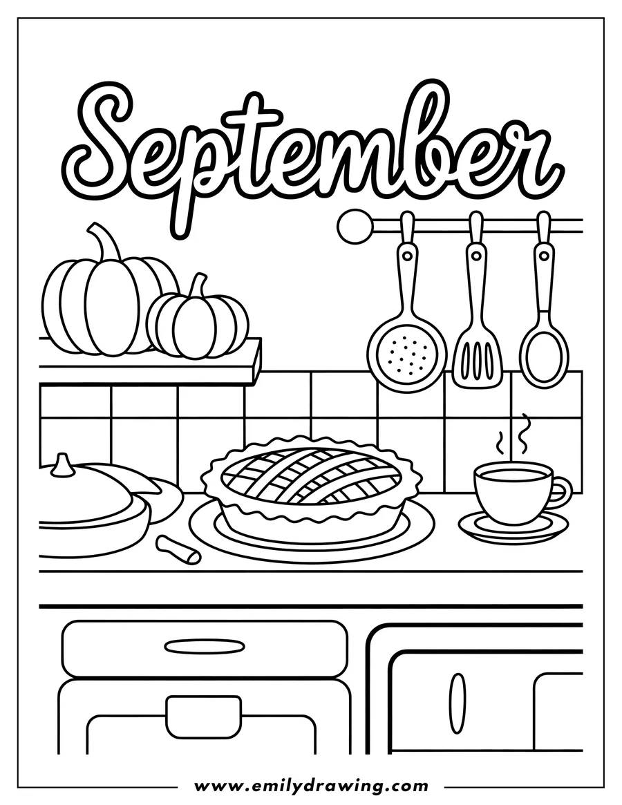 Line art illustration of a kitchen counter with a freshly baked pie, a steaming cup of tea, pumpkins on a shelf, and kitchen utensils hanging on the wall. It represents the warmth and preparation for Thanksgiving Day.
