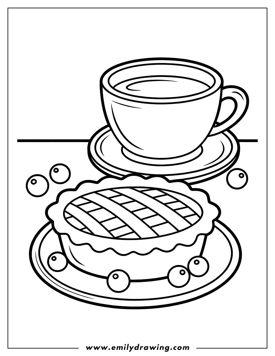Line art of a whole lattice crust pie served on a plate next to a cup of coffee or tea on a saucer, surrounded by loose berries.