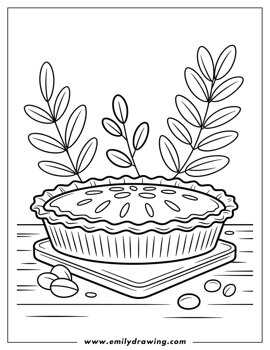 Outline of a freshly baked pie in a deep dish with a ruffled crust, resting on a cutting board, framed by decorative leafy branches.