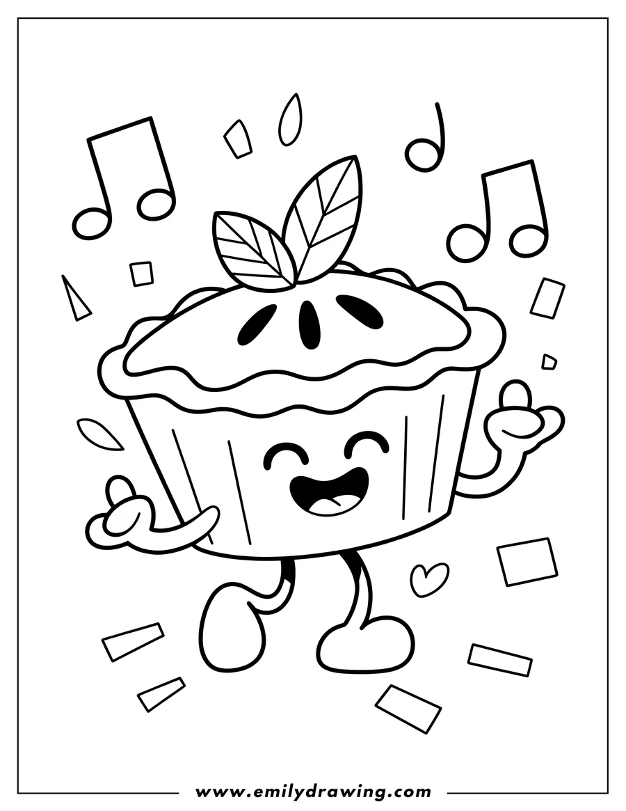 Outline of a cheerful cartoon pie character with arms and legs, dancing happily and surrounded by musical notes and falling confetti.