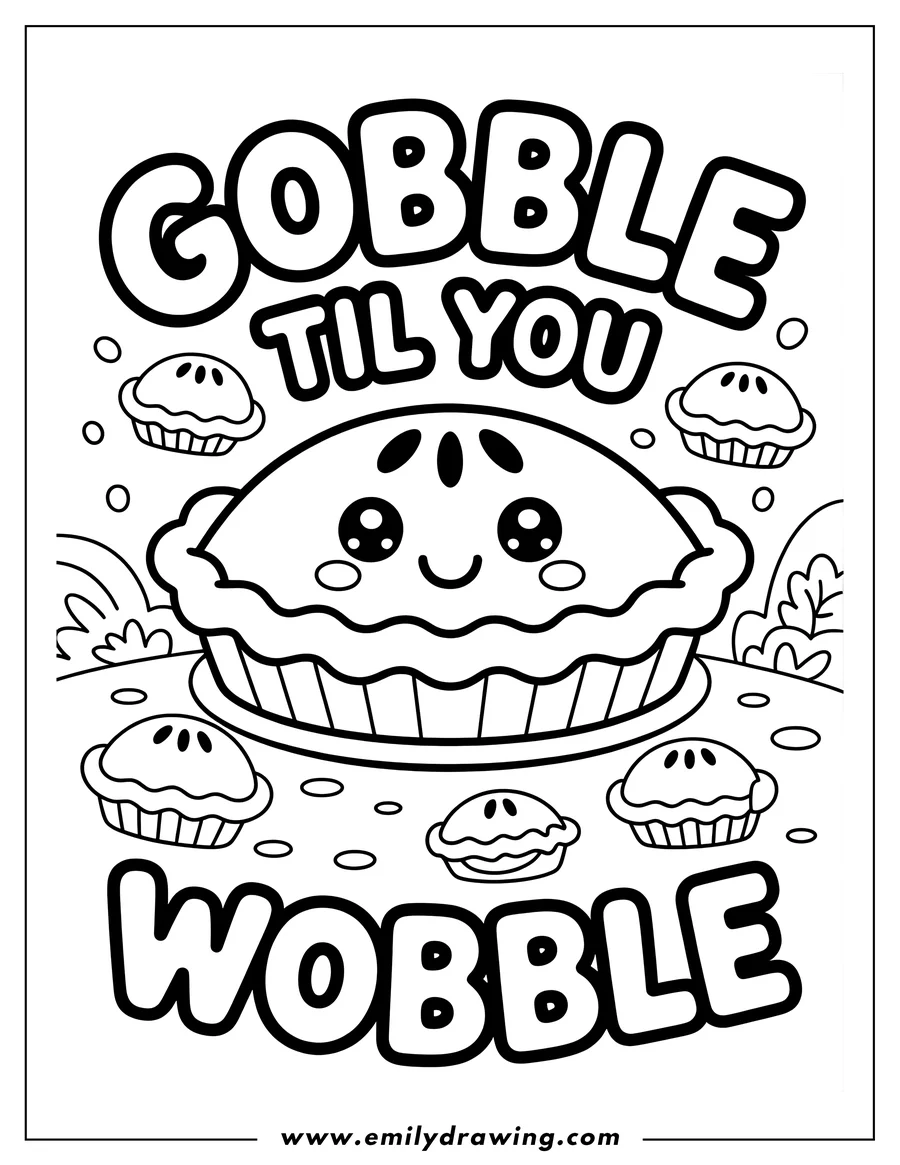 Line art of a cute smiling pie surrounded by smaller pies and the words