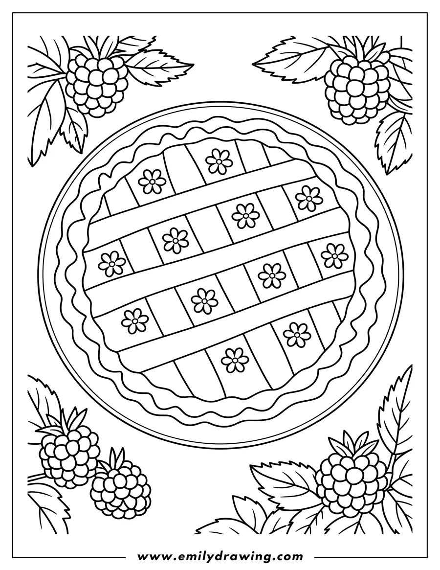 Outline of a whole pie with a decorative lattice crust featuring small flower cutouts. The pie is surrounded by branches of berries and detailed leaves.