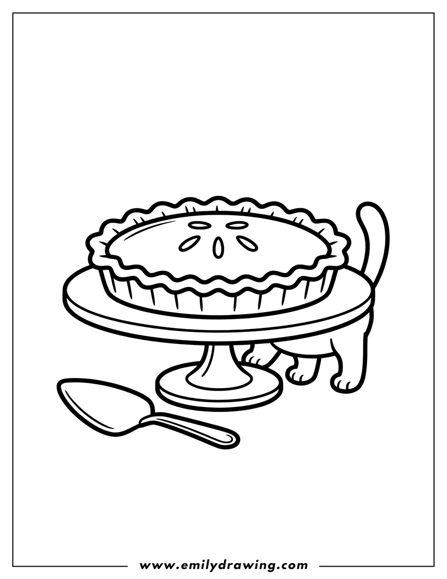 Outline of a whole pie sitting on a pedestal stand, with the paws and tail of a cat hidden beneath it. A pie server is visible on the floor.