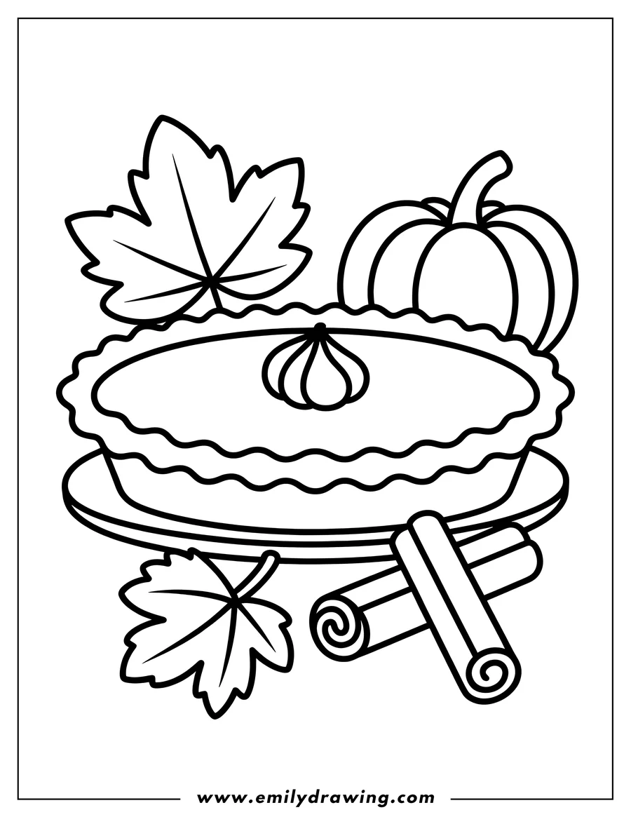 Outline of a pumpkin pie on a plate, topped with a swirl of cream. The dessert is accompanied by a small pumpkin, two autumn leaves, and two rolled cinnamon sticks.