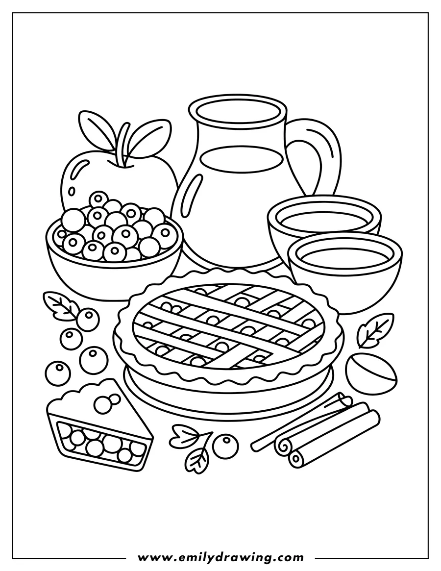 Line art showing a full fruit pie with a lattice top, a slice of pie, a pitcher of liquid, an apple, a bowl full of blueberries, scattered berries, and cinnamon sticks.