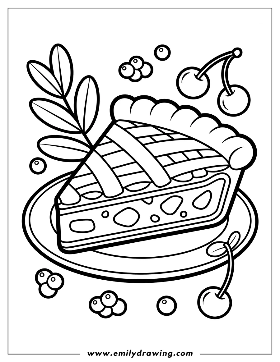 Line art illustration of a single slice of fruit pie with a detailed lattice crust, served on a plate and surrounded by floating cherries and berries.