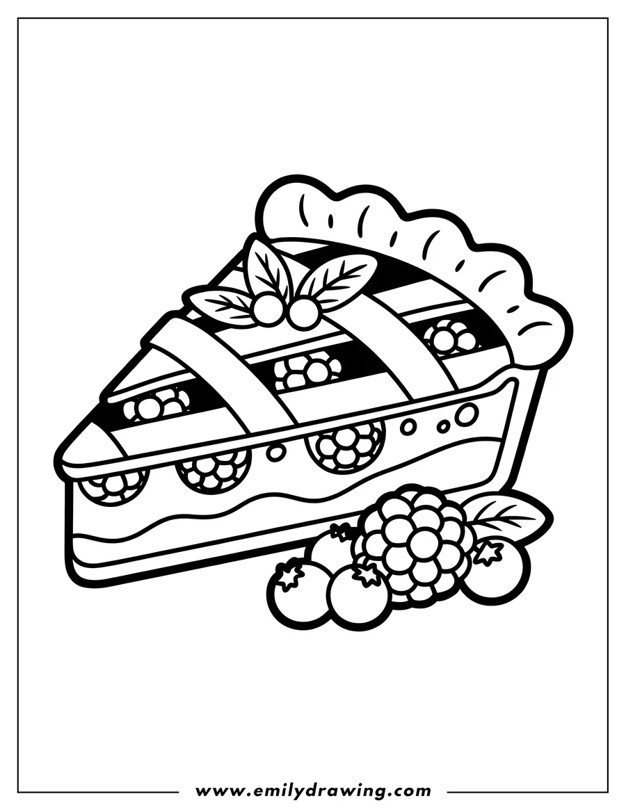 Outline of a slice of fruit pie featuring a lattice crust. The slice is served alongside a cluster of raspberries and blueberries.